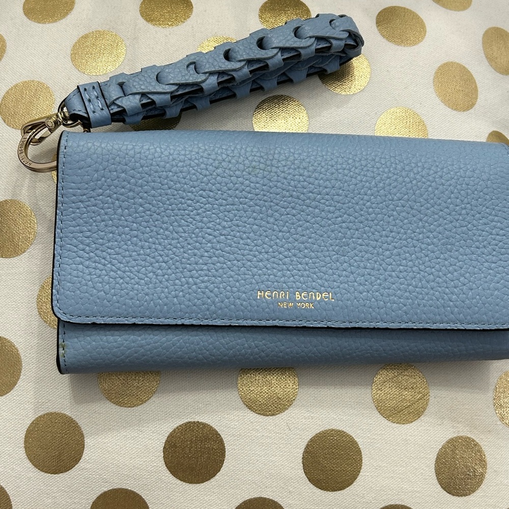 Henri Bendel New York Light Blue Leather Wristlet Clutch Braided Strap - Picture 5 of 16
